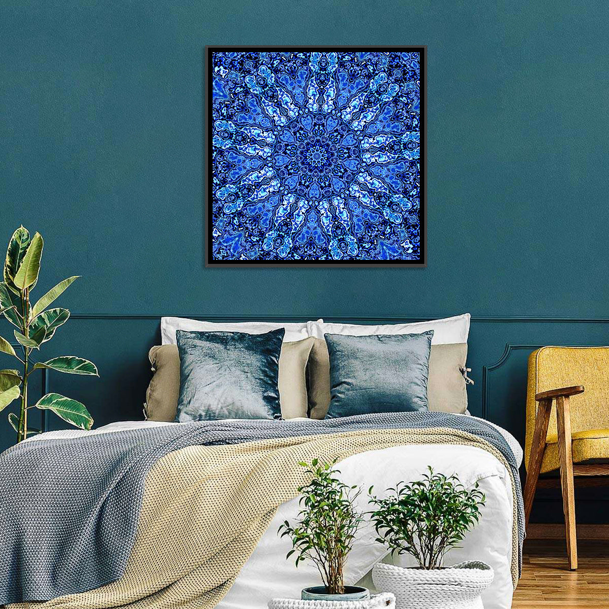 Blue Fractal Mandala Wall Art in a room, square