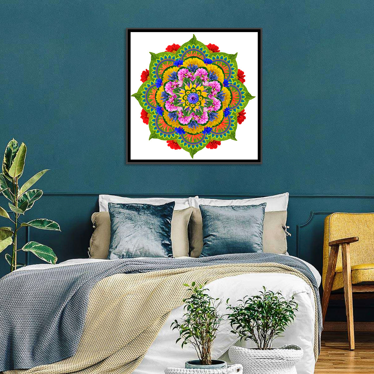 Vibrant Lotus Floral Mandala Wall Art in a room, square