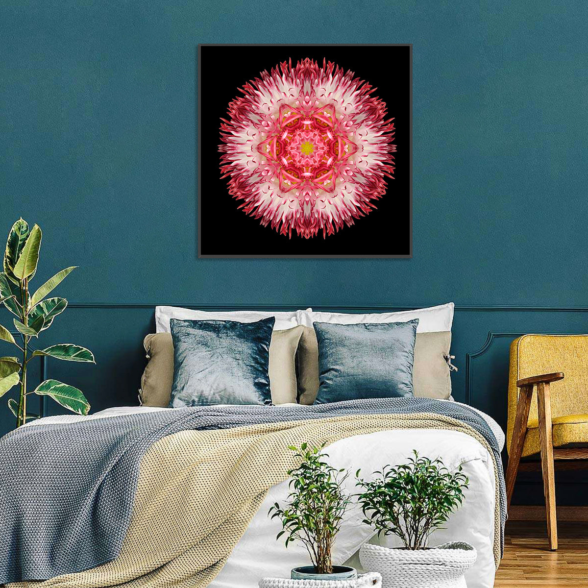 Magenta Chrysanthemum Star Mandala Wall Art in a room, square