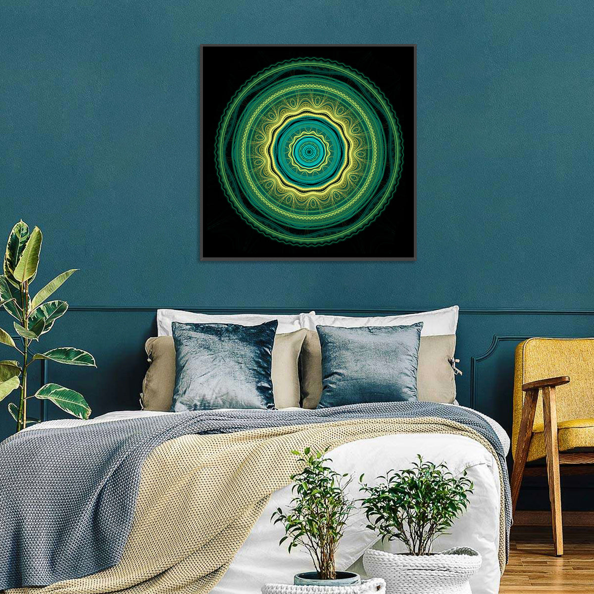 Hypnotic Teal Glow Mandala Wall Art in a room, square