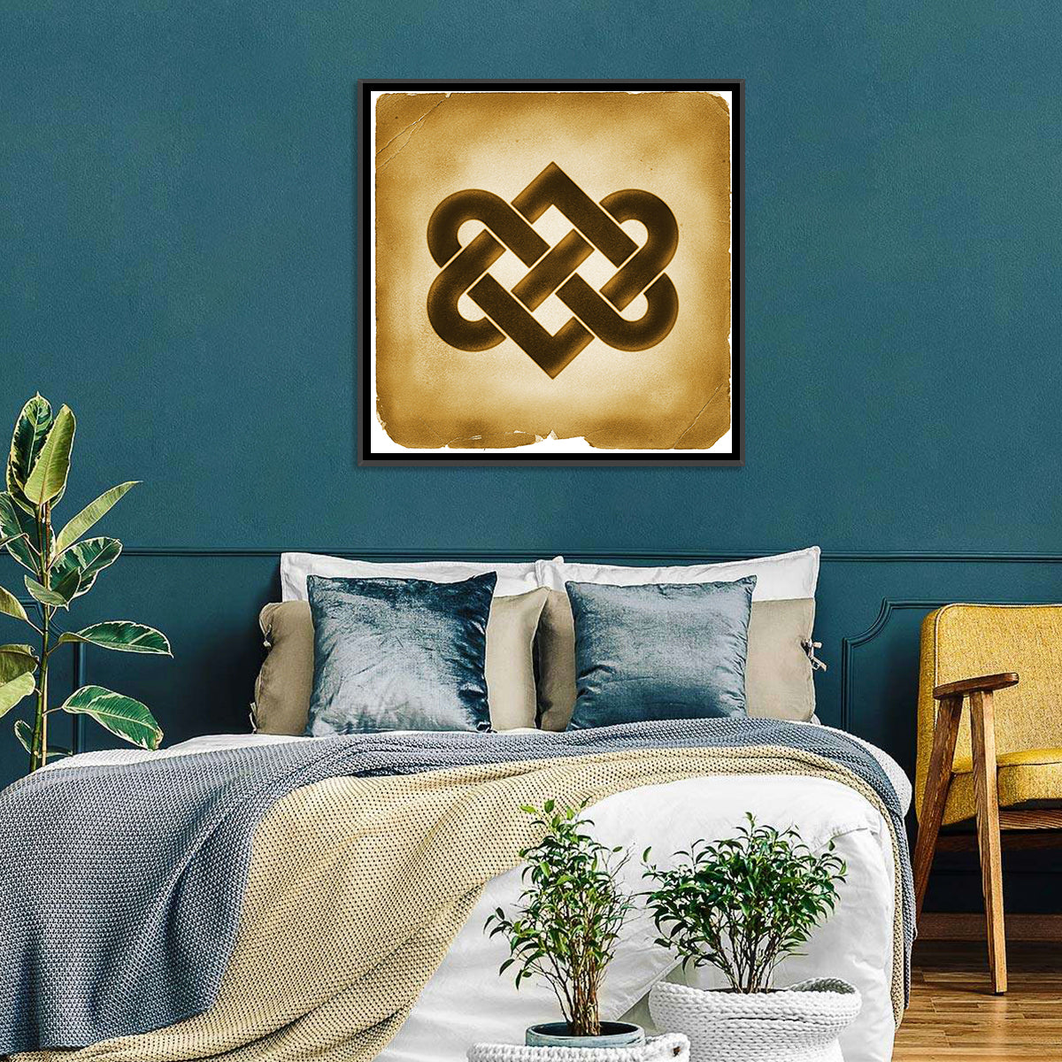 Gold Celtic Heart Knot Wall Art in a room, square
