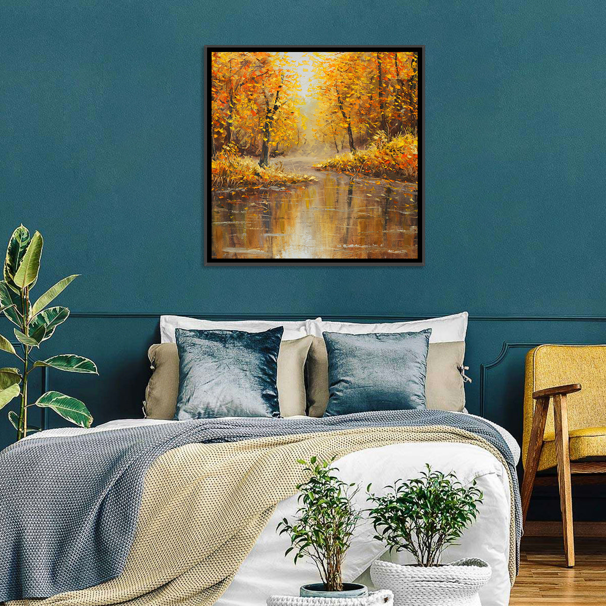 Golden Autumn River Reflection Wall Art in a room, square