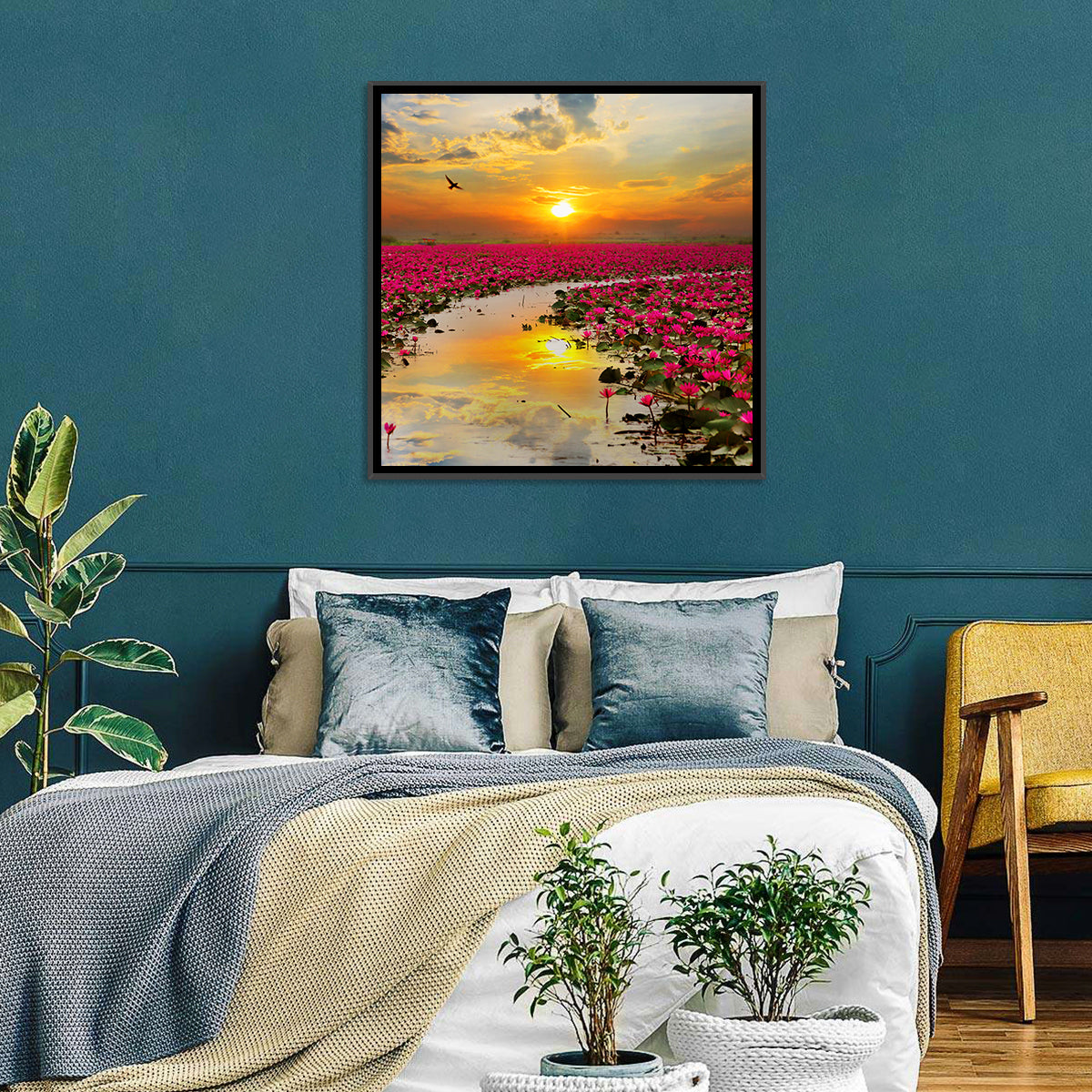 Golden Hour Lotus Field Wall Art in a room, square