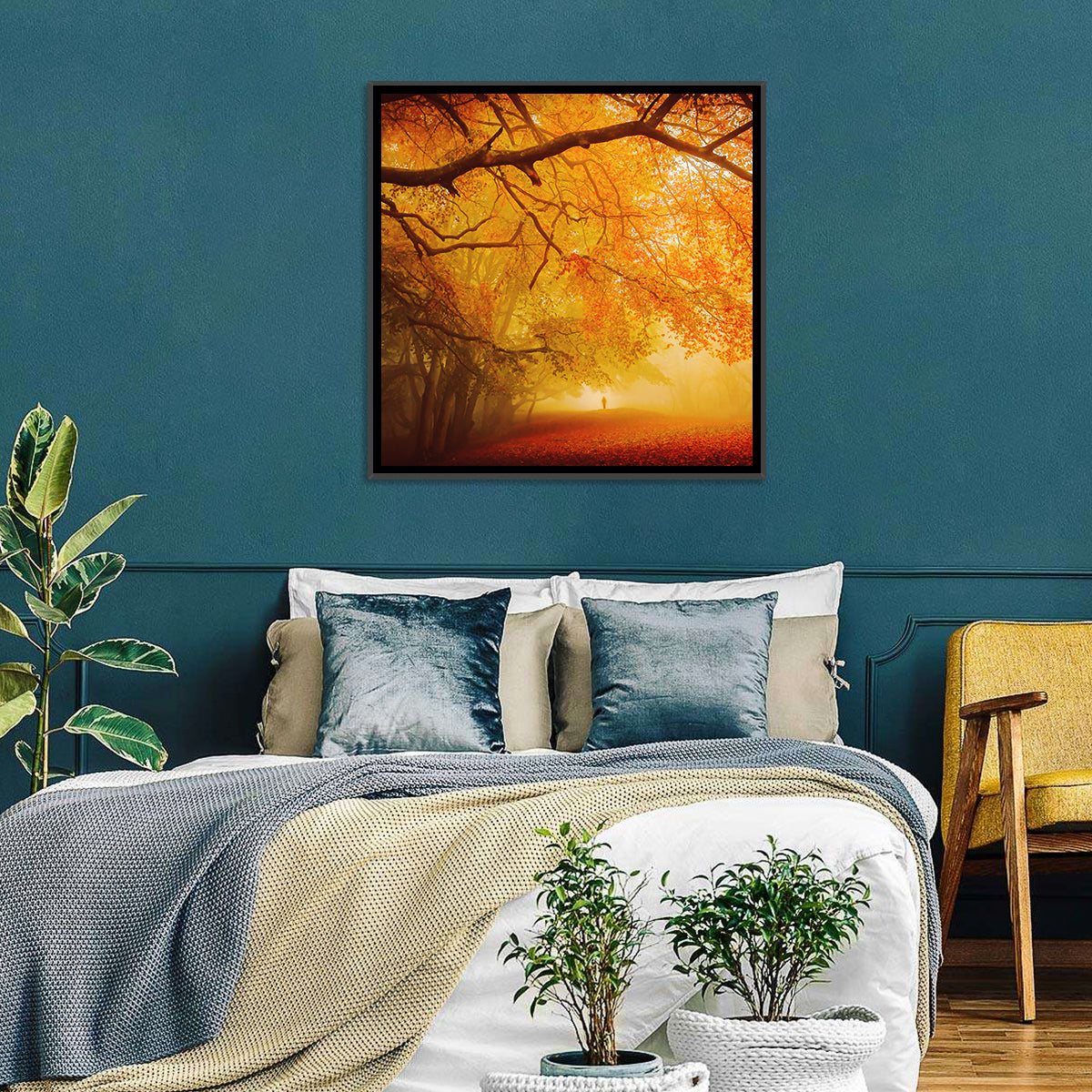 Autumn Forest Path with Lone Figure Wall Art in a room, square