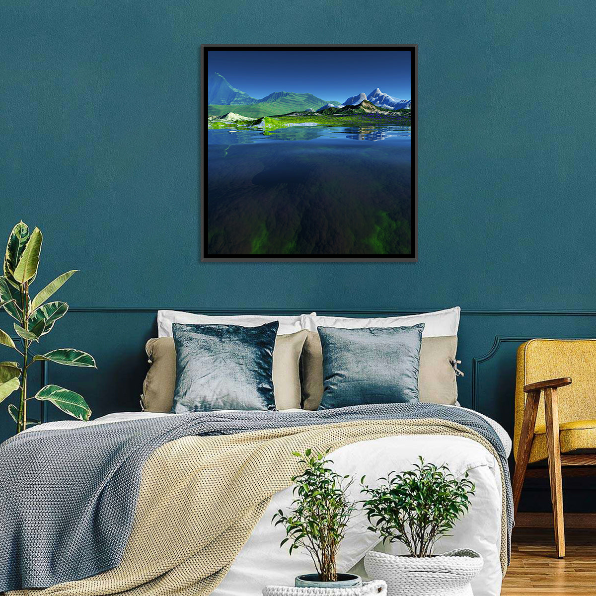 Mountain Lake Split View Wall Art in a room, square