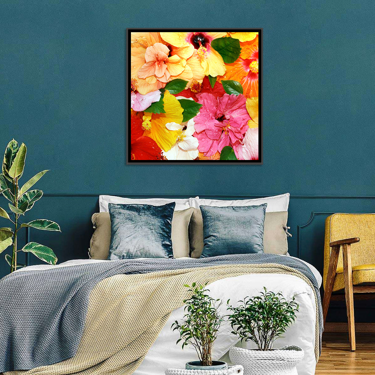 Vibrant Hibiscus Close-up Wall Art in a room, square