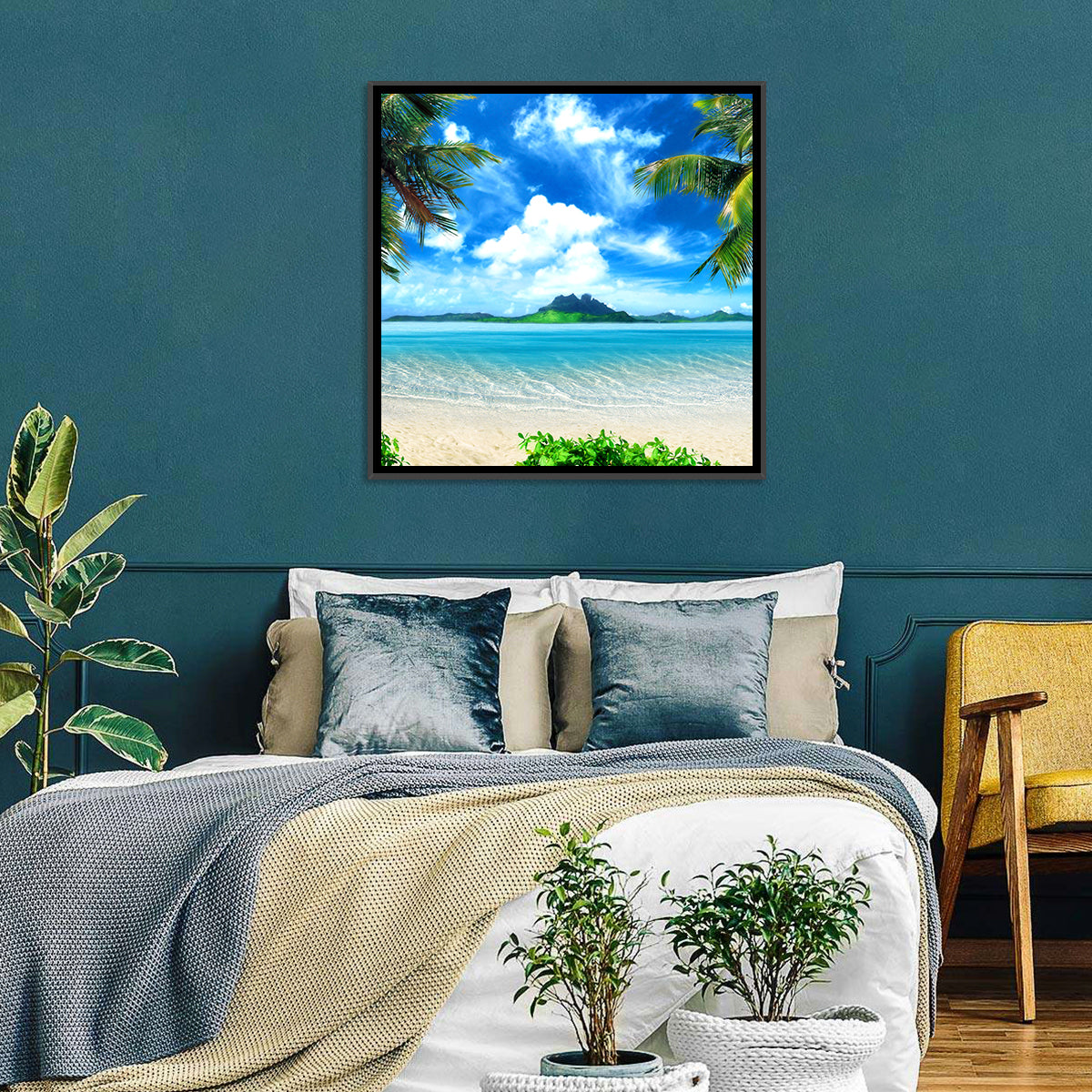 Palm-framed Tropical Island Beach Wall Art in a room, square