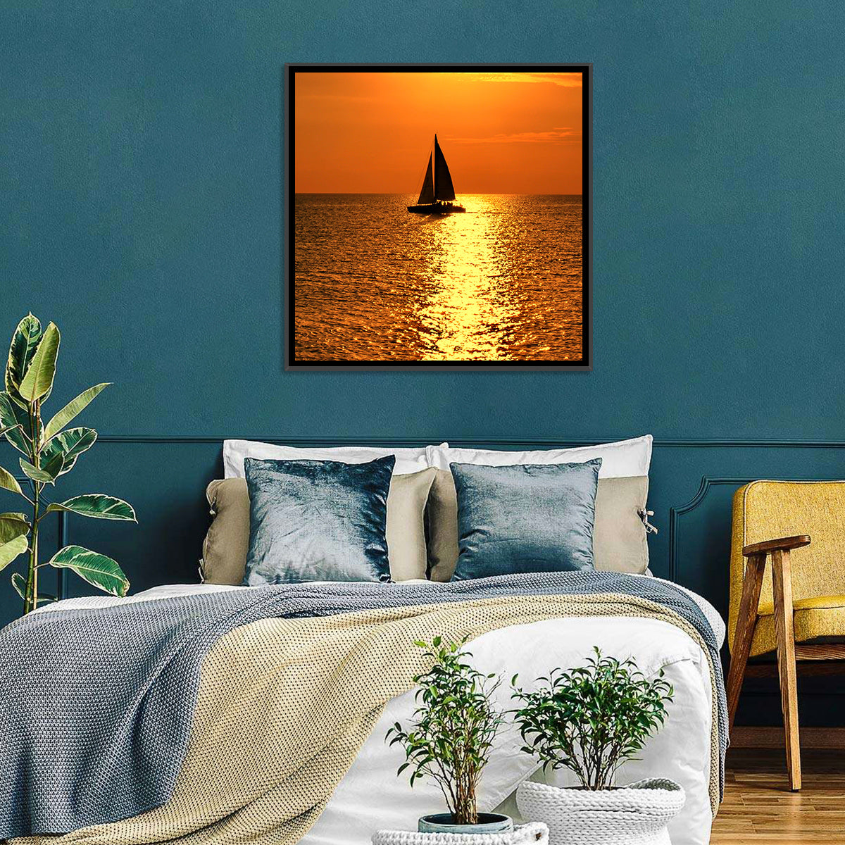 Sailboat Silhouette at Golden Sunset Wall Art in a room, square