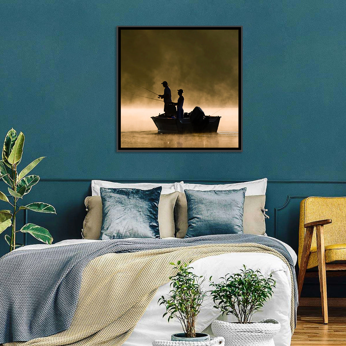 Misty Lake Fishing Wall Art in a room, square
