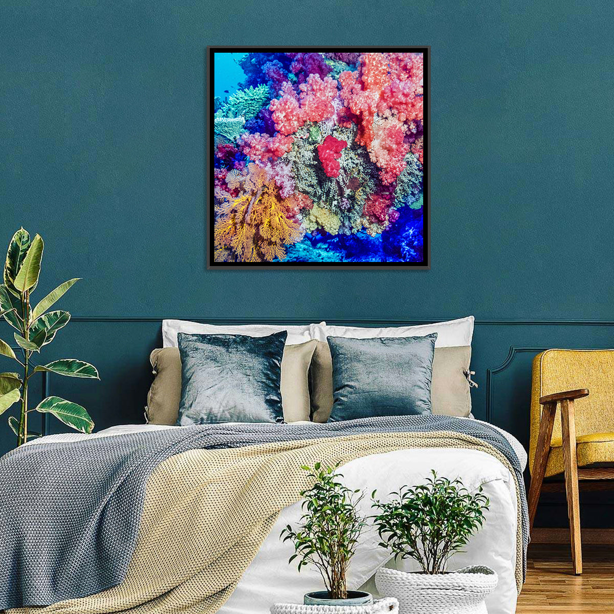 Vibrant Coral Reef Wall Art in a room, square