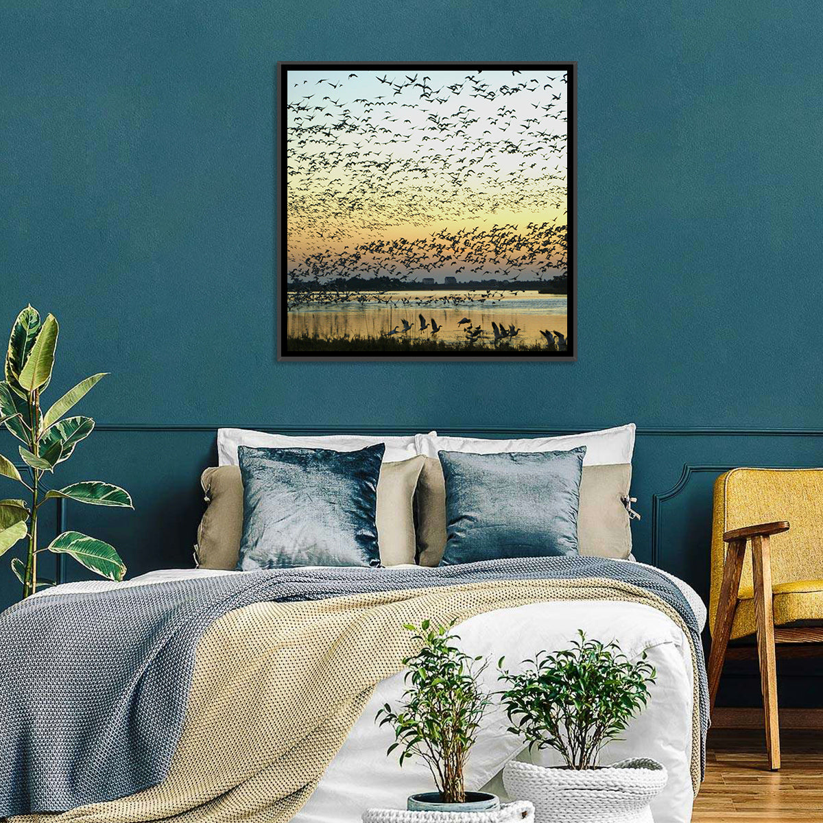 Snow Geese Over River Wall Art in a room, square