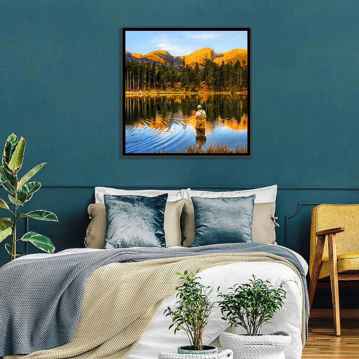 Sunrise Fishing at Sprague Lake Wall Art in a room, square