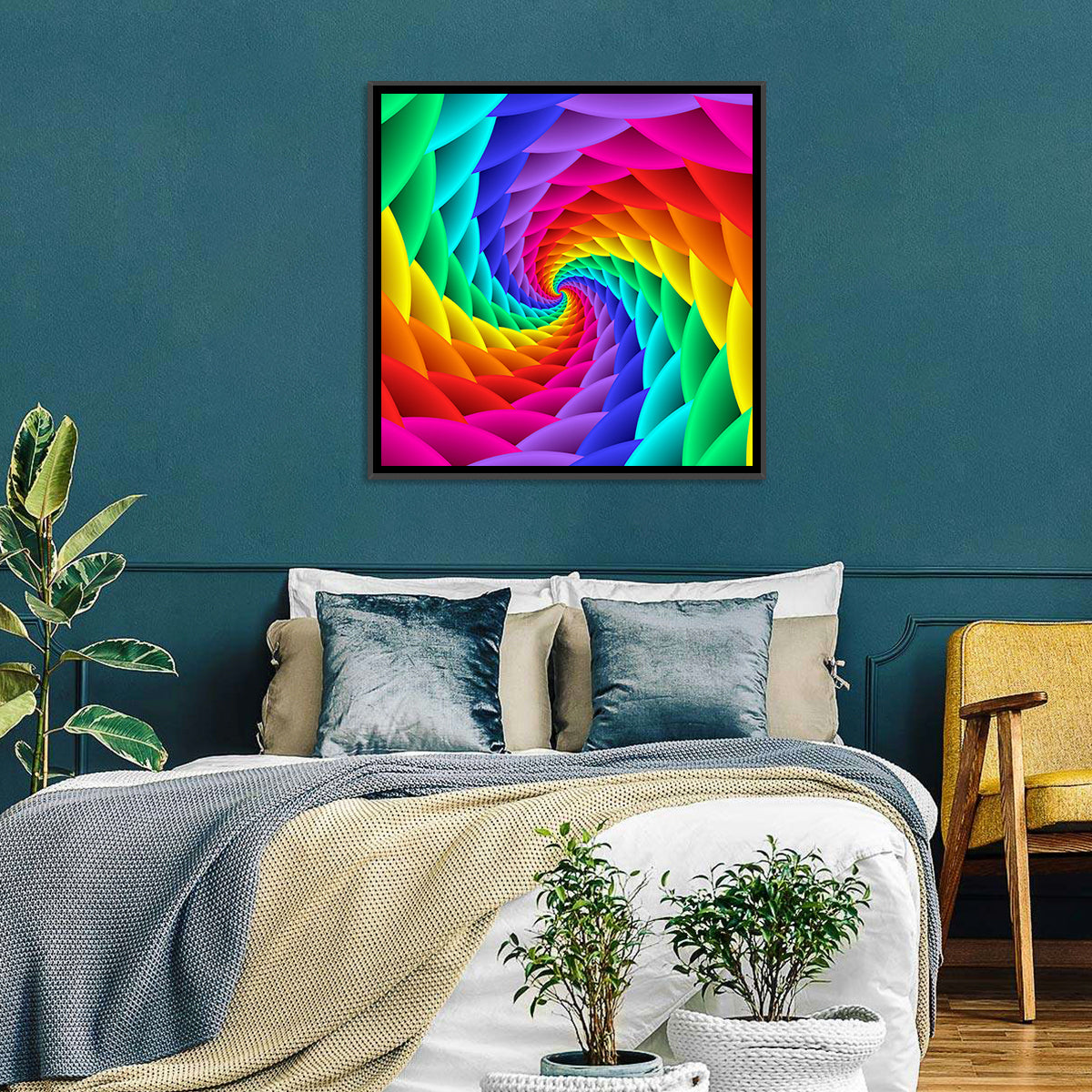 Rainbow Spiral Vortex Tunnel Wall Art in a room, square