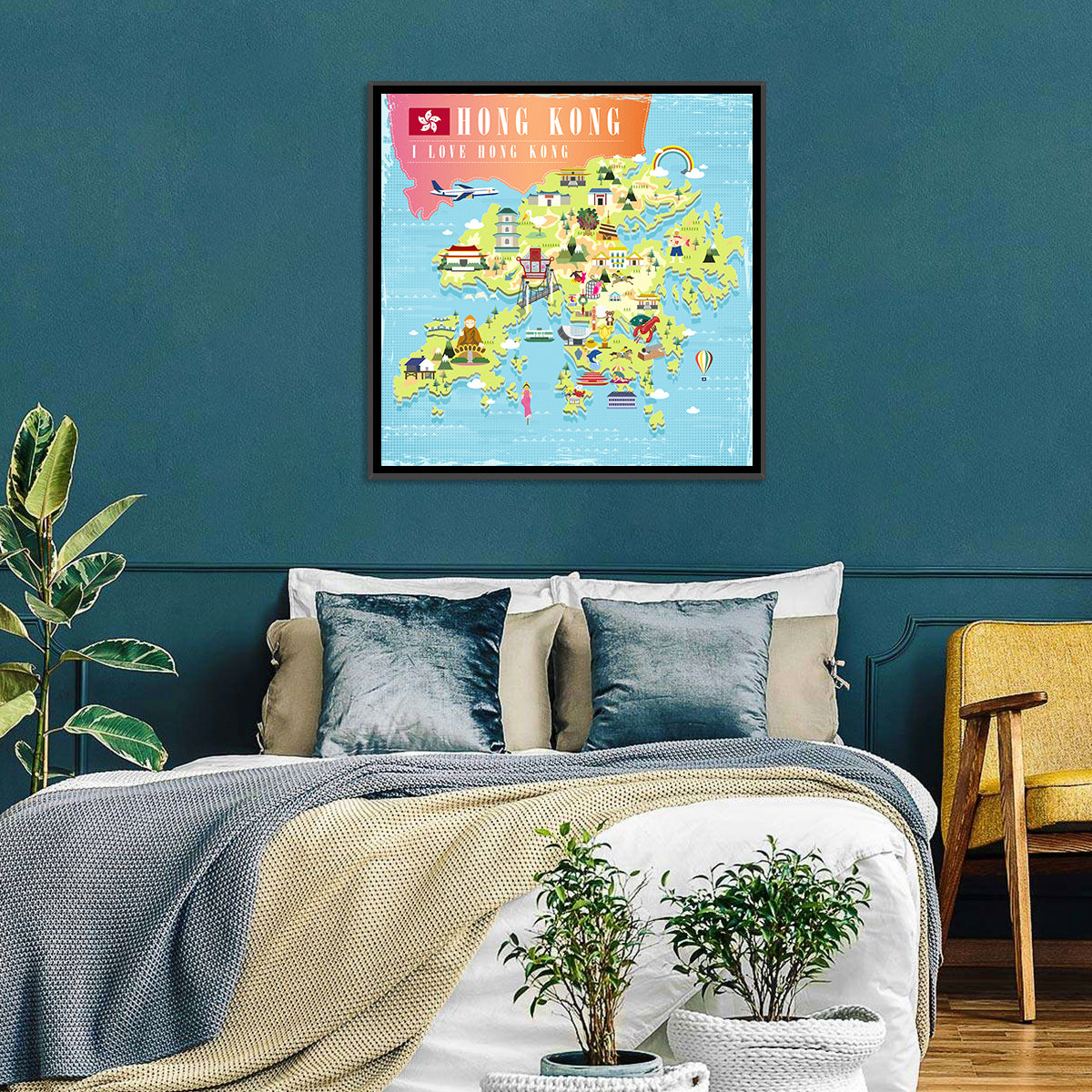 I Love Hong Kong Illustrated Cultural Map Wall Art in a room, square