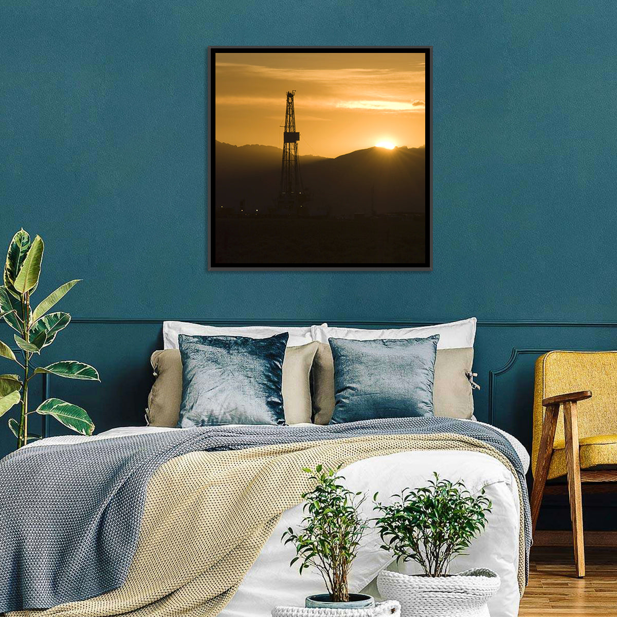 Sunrise Over Drilling Rig Wall Art in a room, square