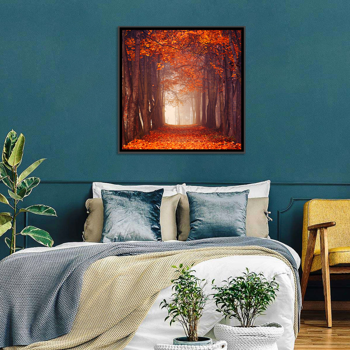Misty Autumn Forest Path Wall Art in a room, square