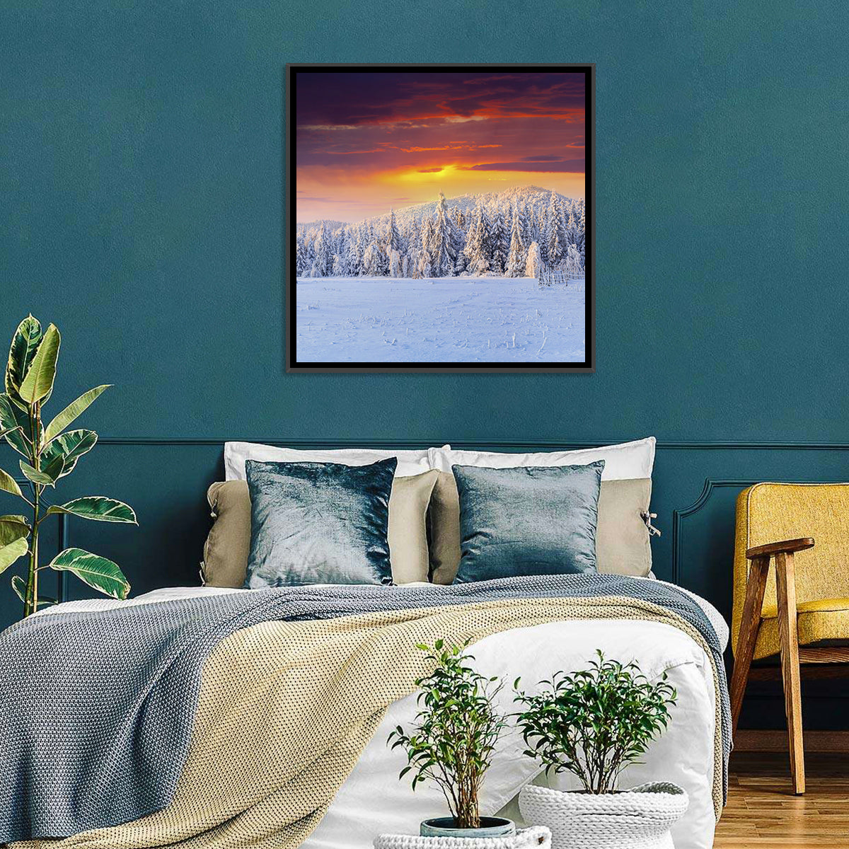 Snowy Forest Sunset Wall Art in a room, square