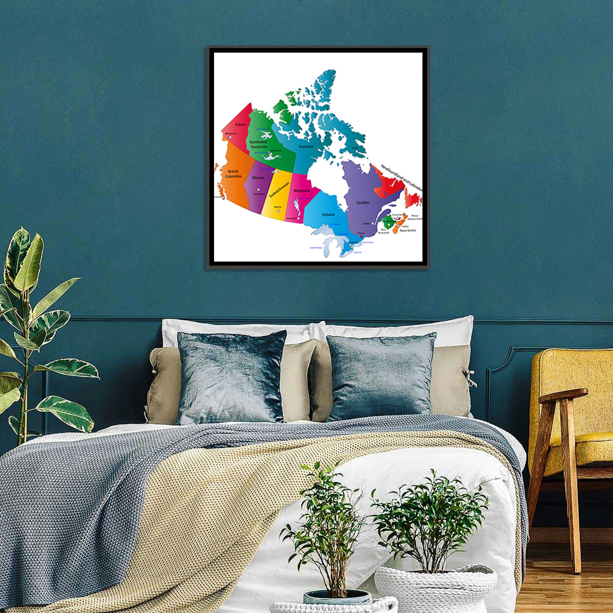 Colorful Canada Map Illustration Wall Art in a room, square