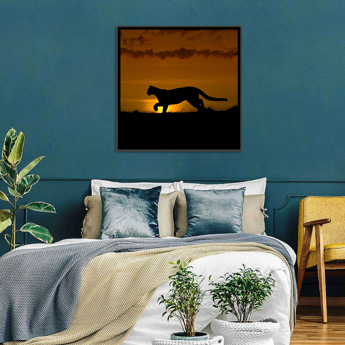 Cougar Silhouette at Sunset Wall Art in a room, square