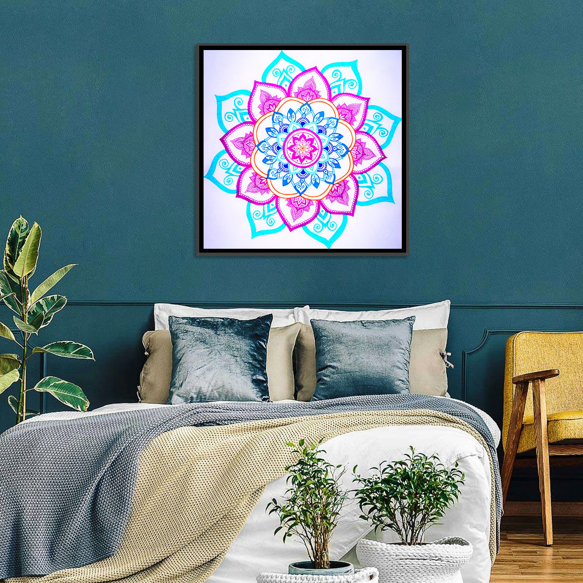 Vibrant Hand-drawn Mandala Flower Pattern Wall Art in a room, square