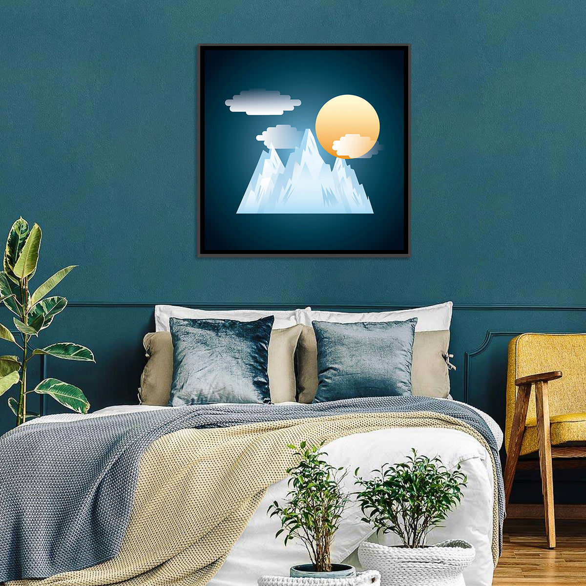 Geometric Snowy Mountain with Golden Sun Wall Art