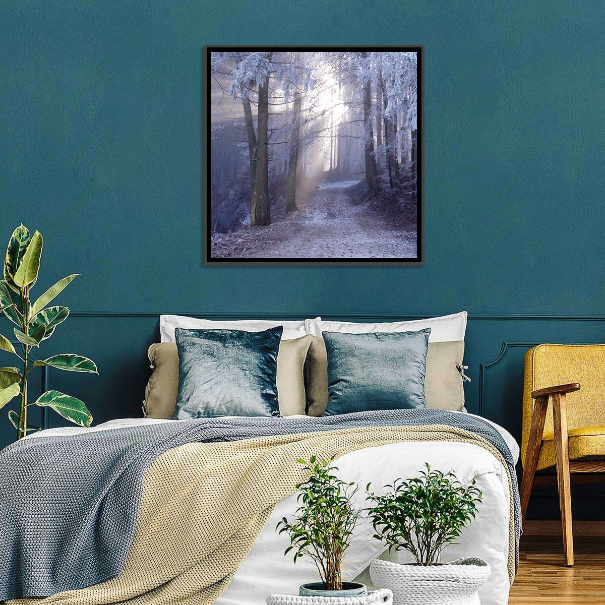 Frosted Forest Path at Dawn Wall Art in a room, square