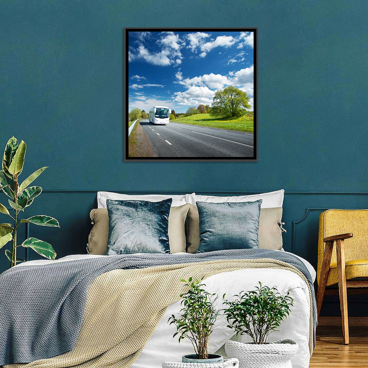 White Bus on Meadow Road Wall Art in a room, square