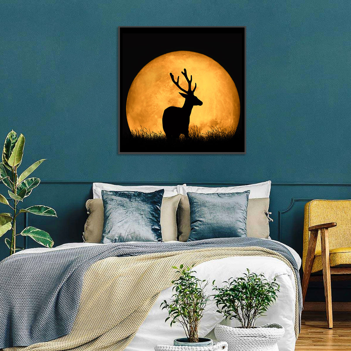 Buck Silhouette Under Red Moon Wall Art