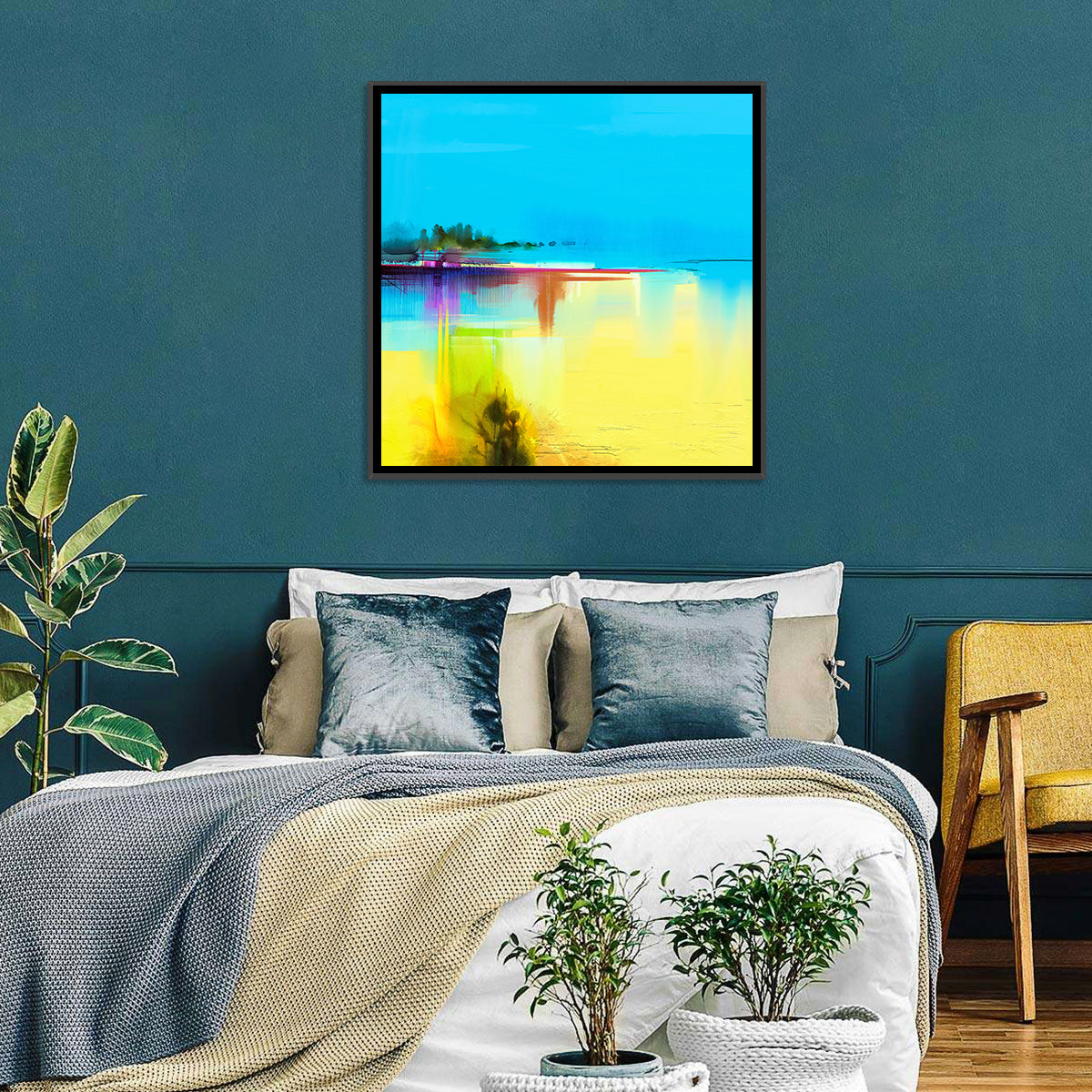 Sunlit Abstract Coastline in Spring Colors Wall Art in a room, square