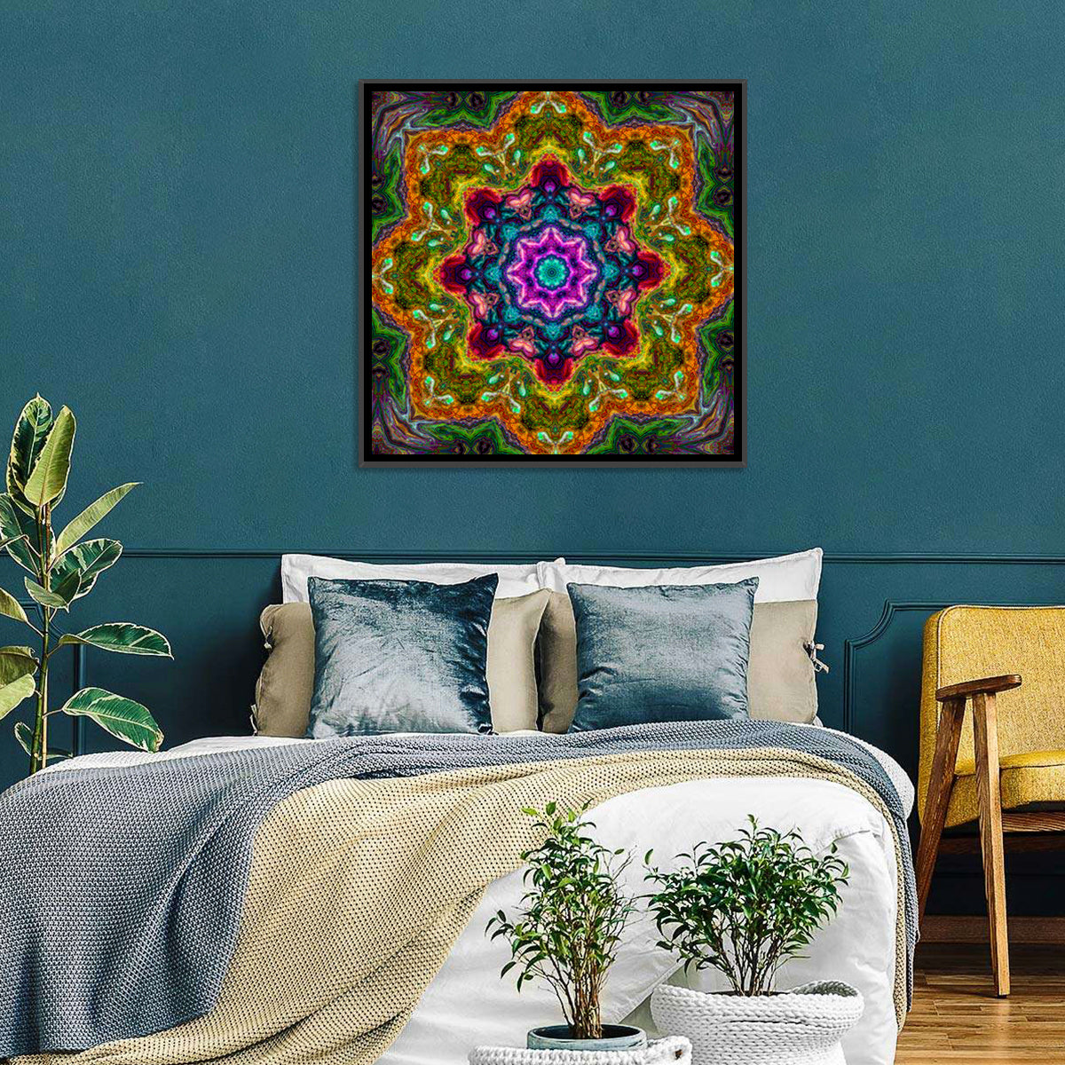 Vibrant Kaleidoscopic Mandala Ornament Wall Art in a room, square