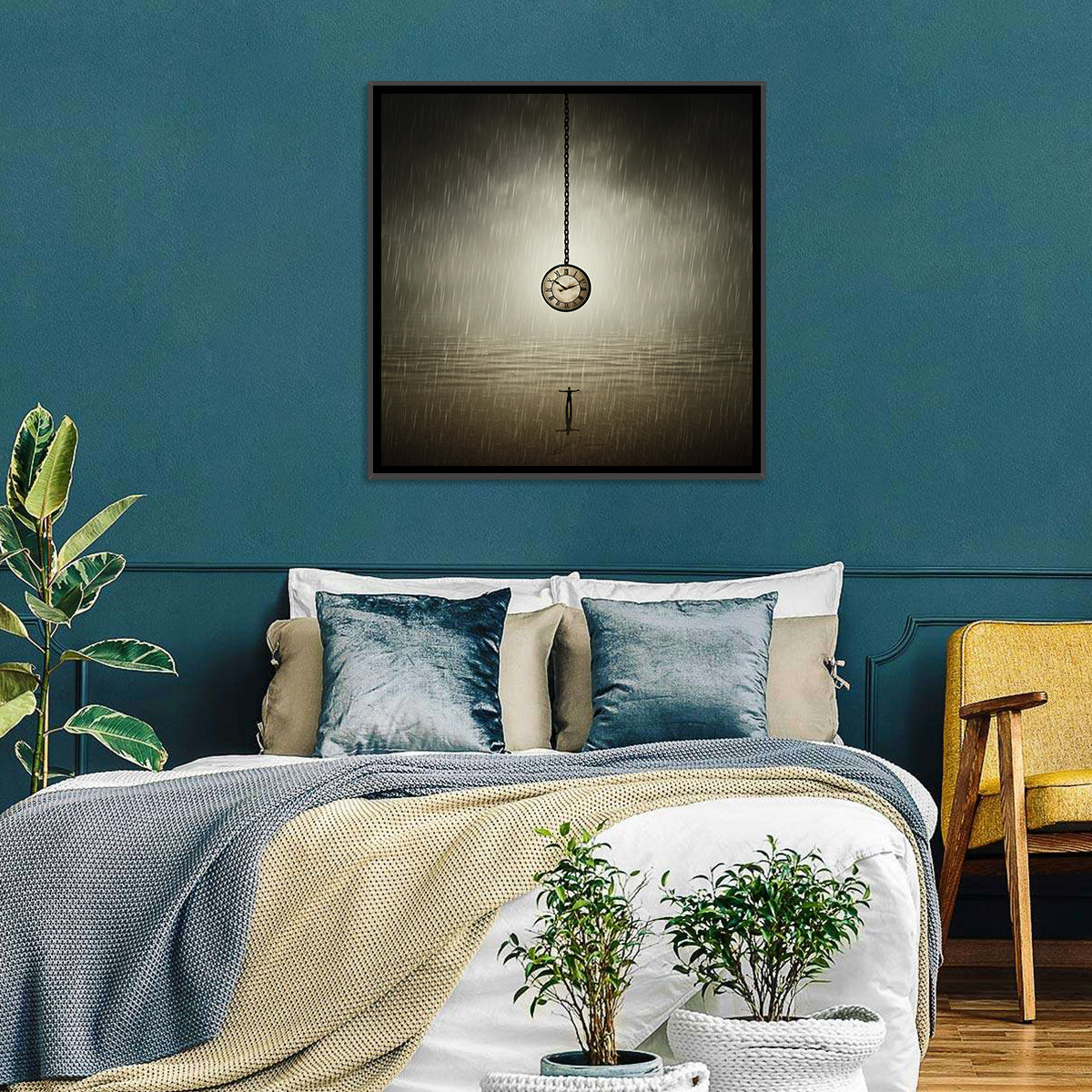 Suspended Pocket Watch in Rain Wall Art in a room, square