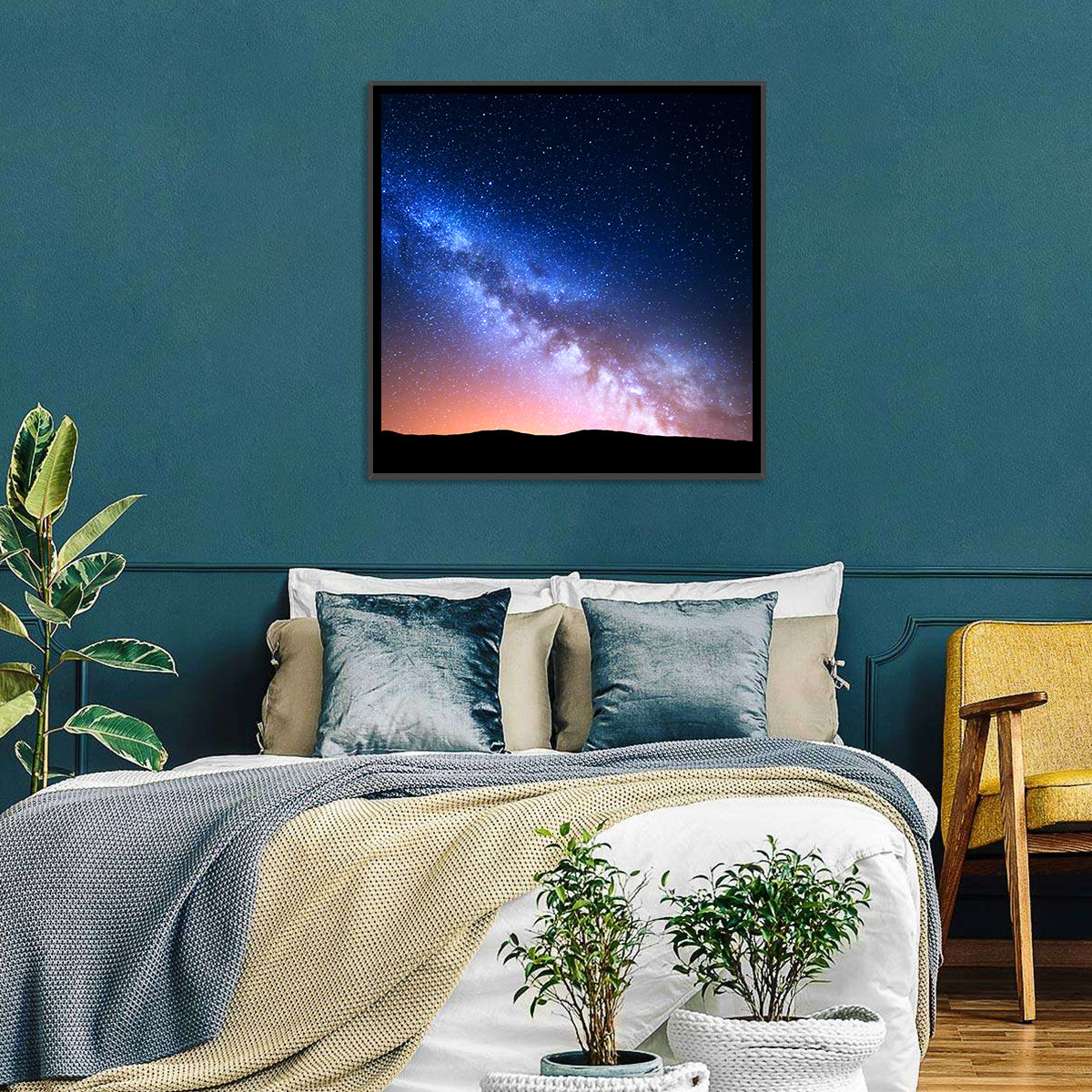 Milky Way Over Silhouetted Hills Wall Art in a room, square
