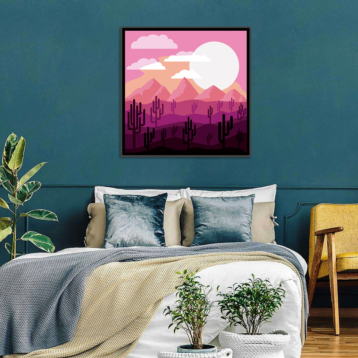 Saguaro Sunset Illustration Wall Art in a room, square