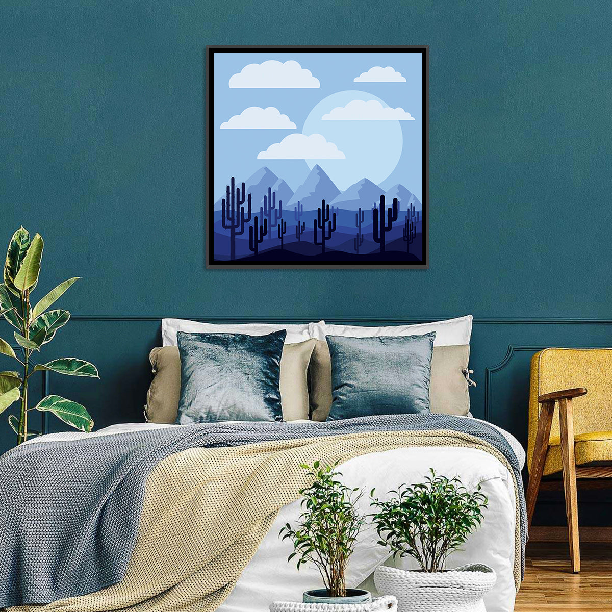 Blue Desert Cactus Illustration Wall Art in a room, square