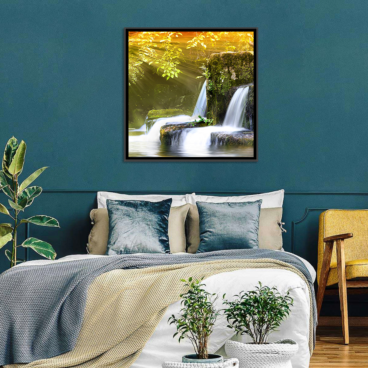 Sunlit Forest Waterfall Wall Art in a room, square