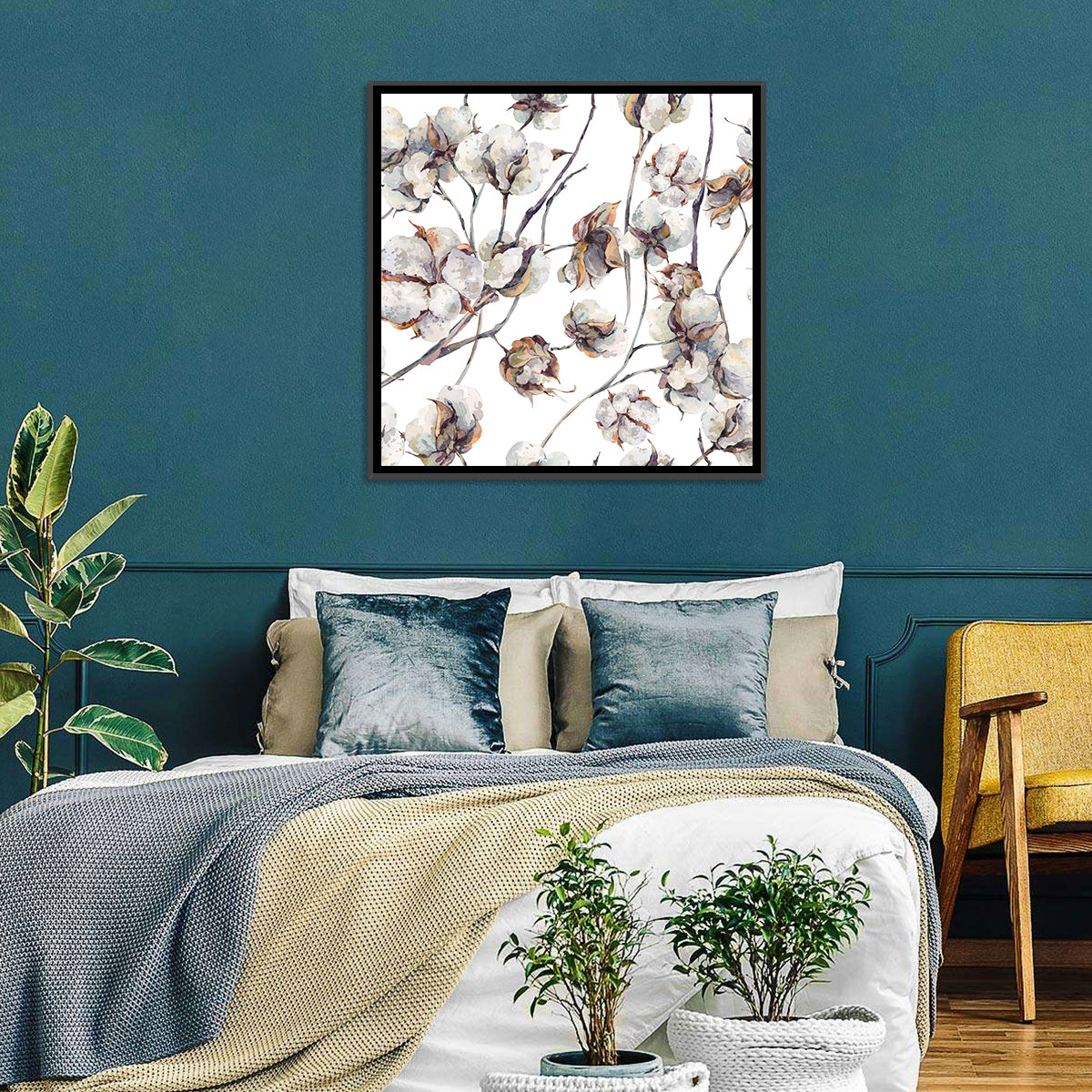 Watercolor Cotton Bolls Wall Art in a room, square