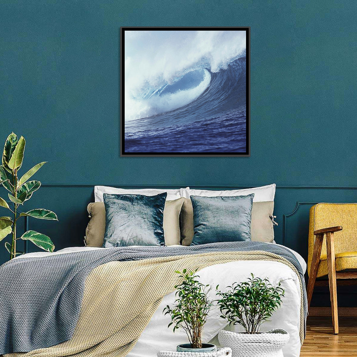 Powerful Breaking Wave Wall Art in a room, square