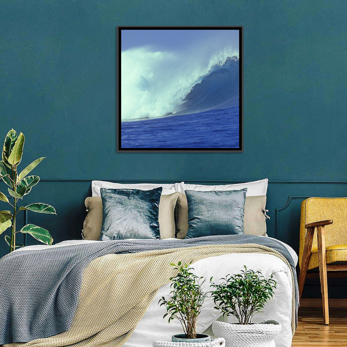 Deep Blue Barrel Wave Wall Art in a room, square