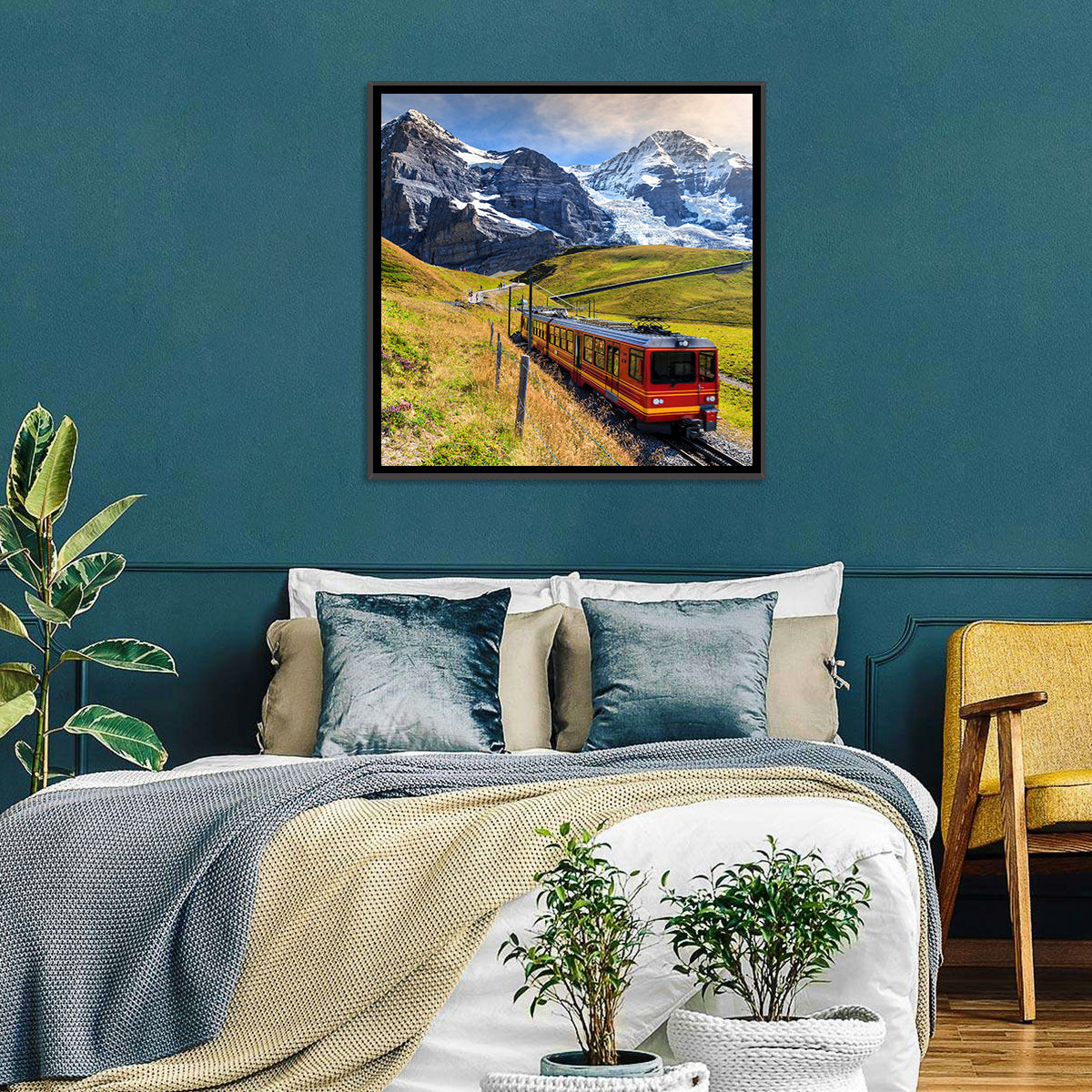 Red Alpine Train at Eiger Wall Art in a room, square