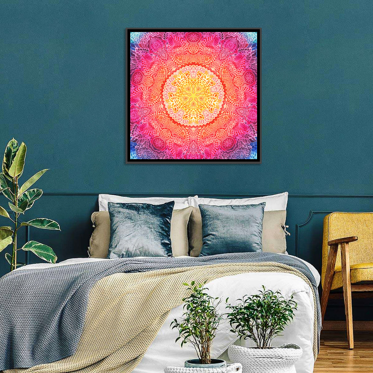 Watercolor Lace Mandala in Pink and Gold Wall Art in a room, square