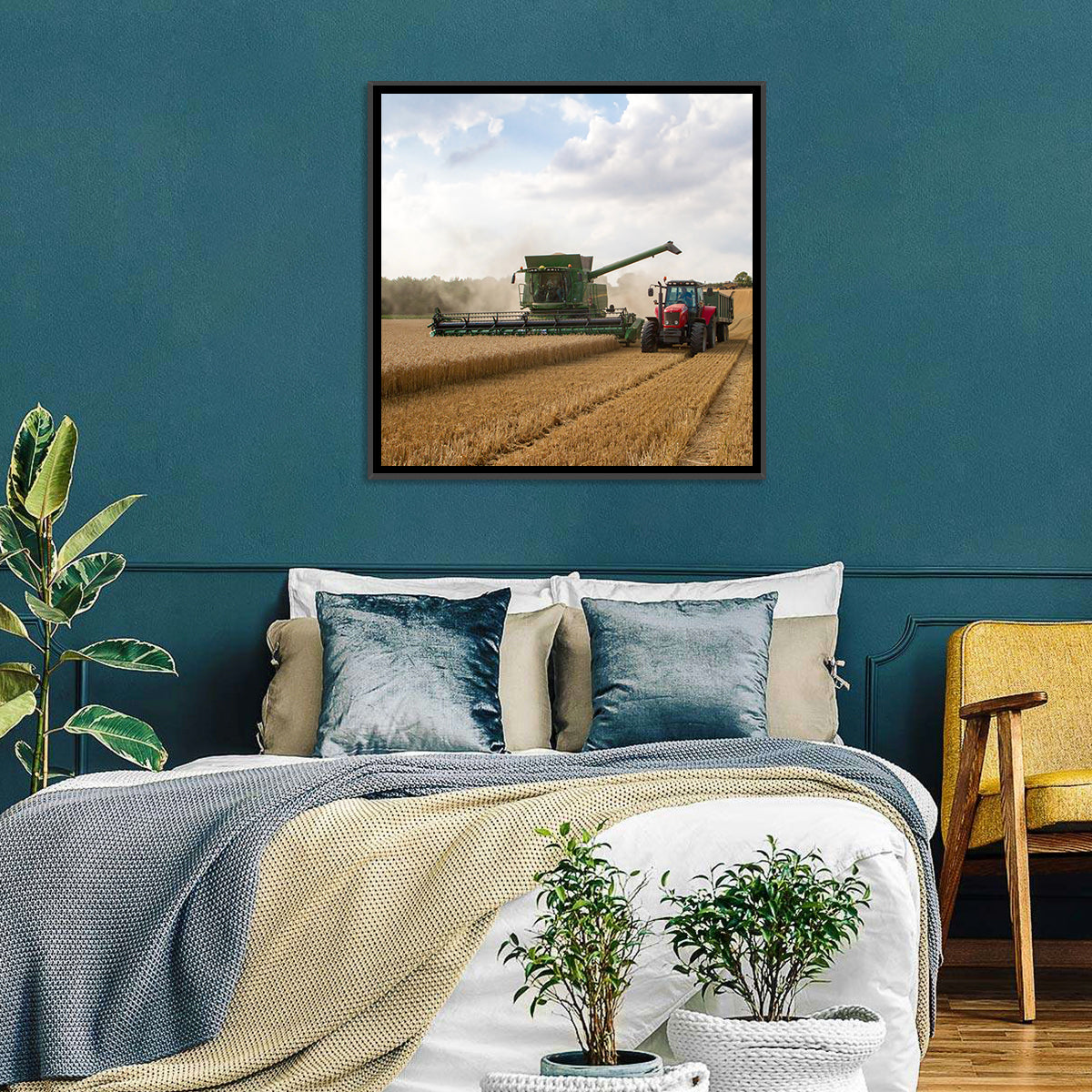 Wheat Harvest with Combine and Tractor Wall Art in a room, square