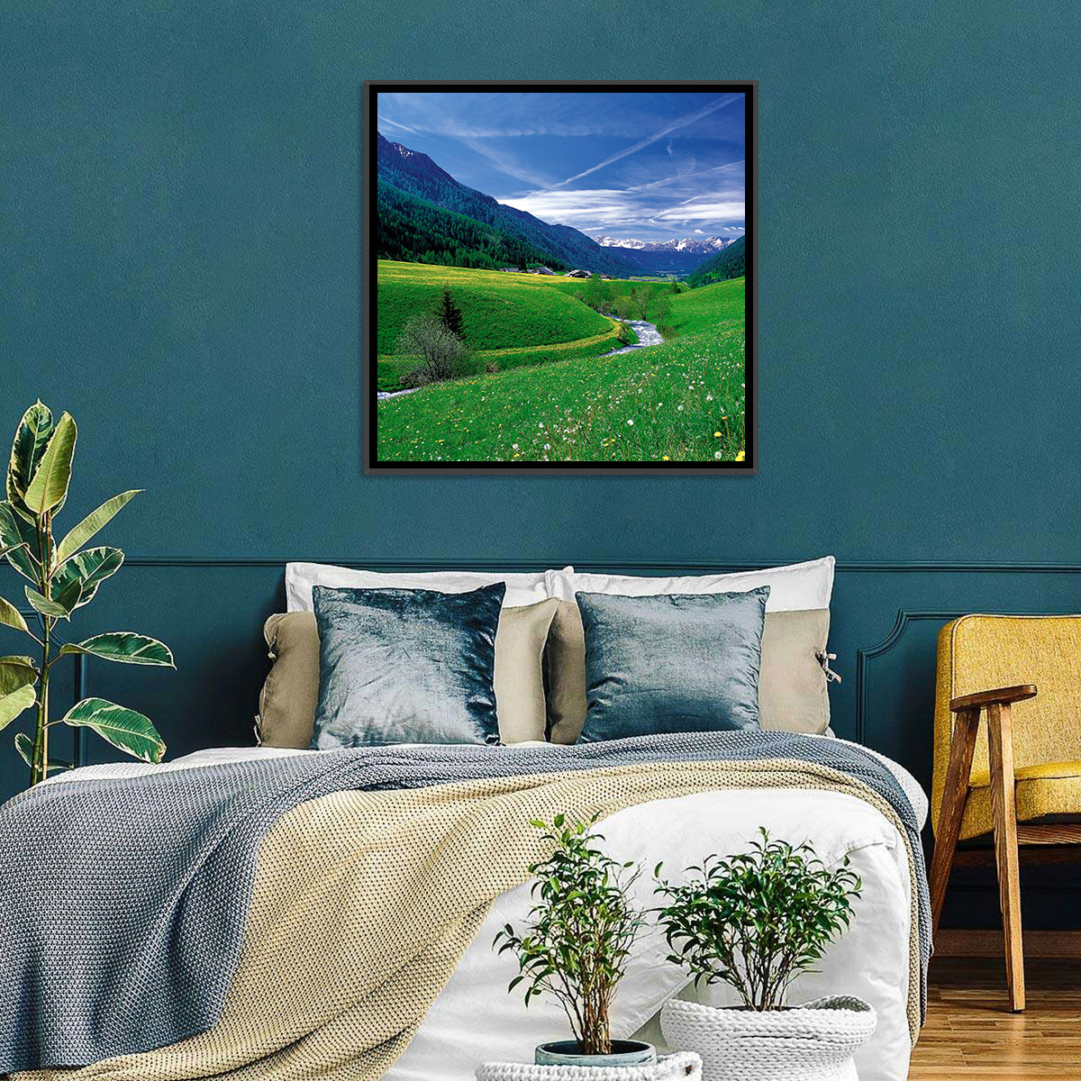 Snow-capped Peaks and Floral Meadow Wall Art in a room, square