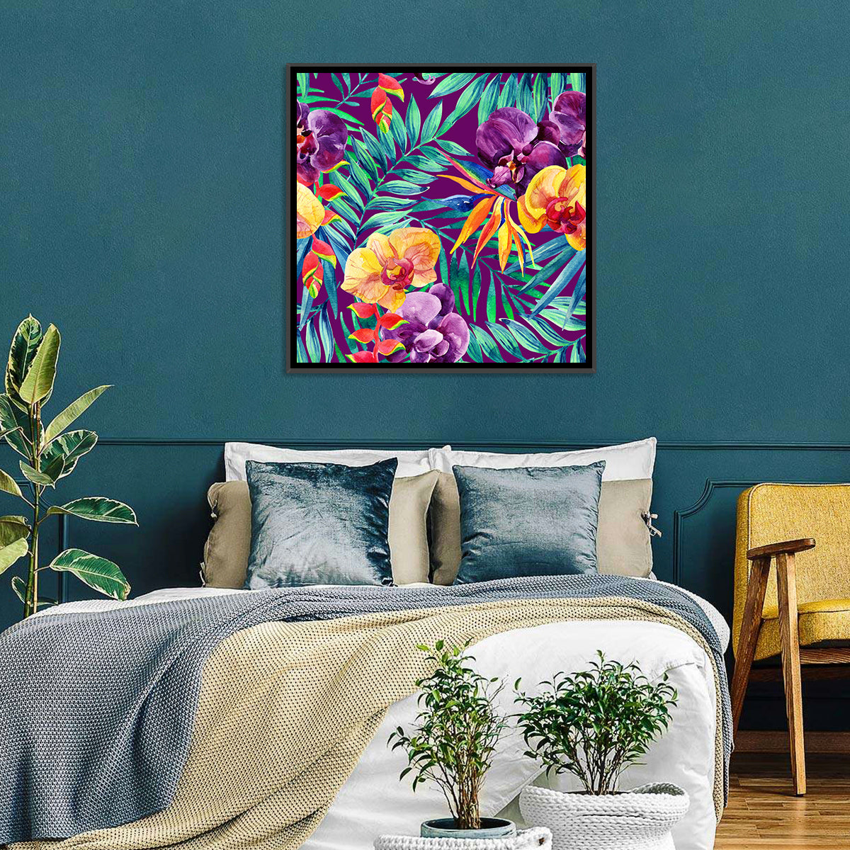 Tropical Orchid and Palm Pattern Wall Art in a room, square