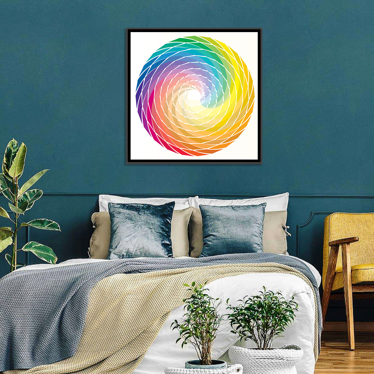 Radial Rainbow Spiral Wall Art in a room, square