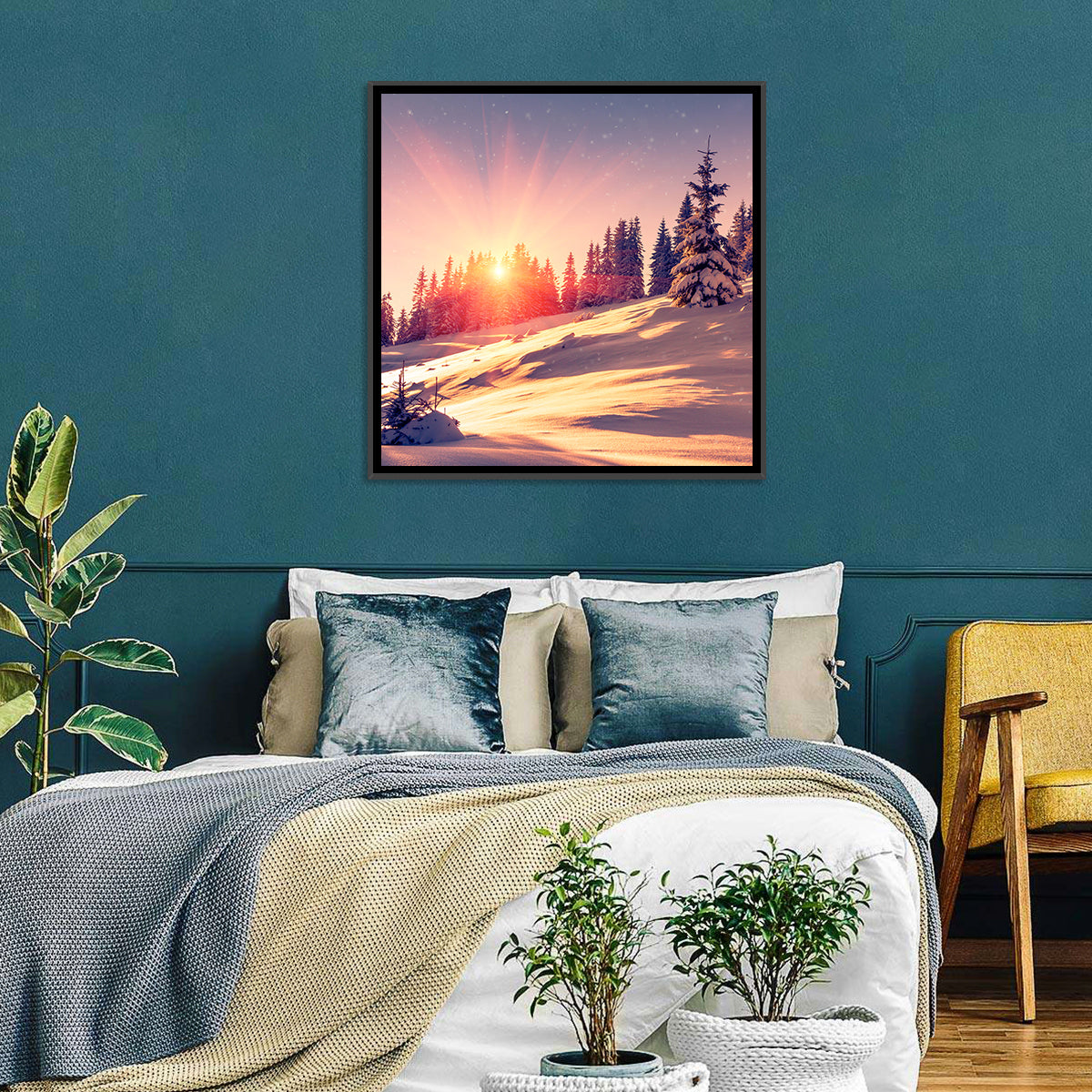 Winter Mountains Sunrise Wall Art in a room, square