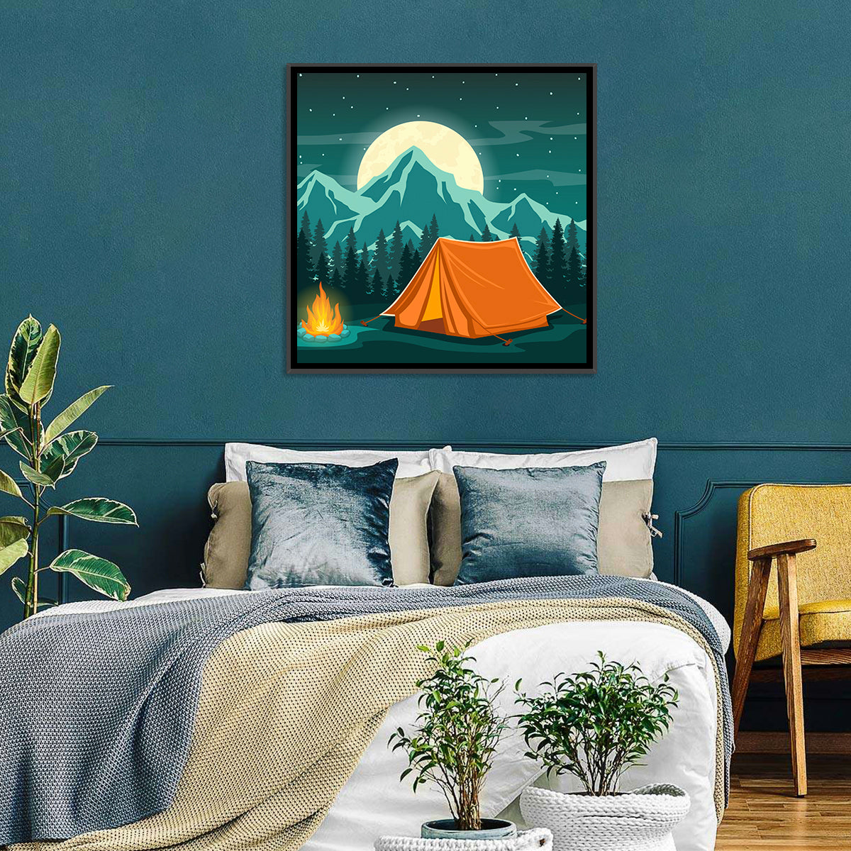 Moonlit Campfire Landscape Wall Art in a room, square
