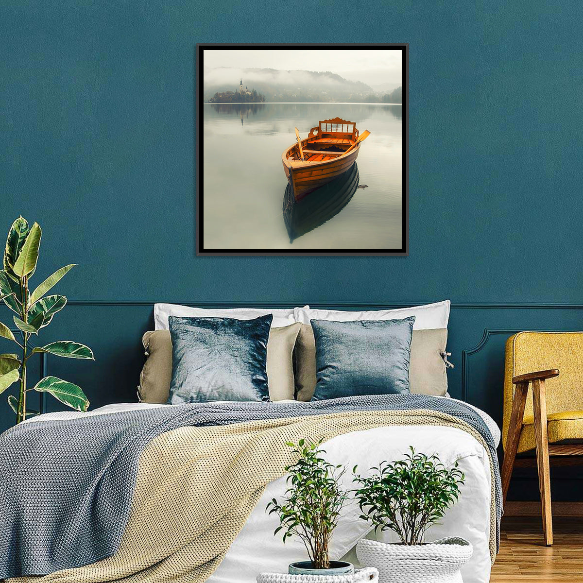 Wooden Boat on Misty Lake Bled Wall Art in a room, square