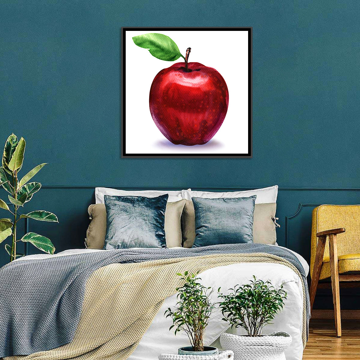 Red Apple Watercolor Wall Art in a room, square