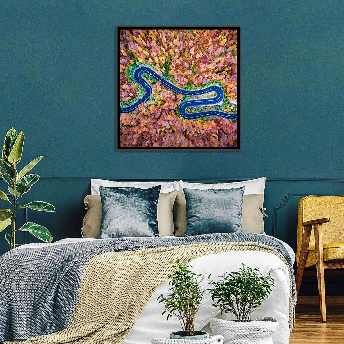 Aerial Winding Road Wall Art in a room, square