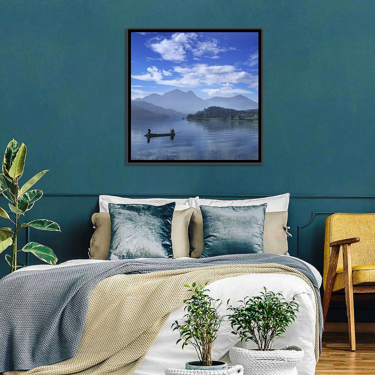 Sun Moon Lake Morning Mist Wall Art in a room, square